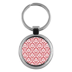 White On Red Damask Key Chain (round)