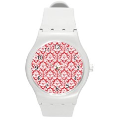 White On Red Damask Plastic Sport Watch (medium) by Zandiepants