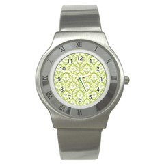 White On Spring Green Damask Stainless Steel Watch (slim) by Zandiepants