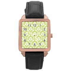 White On Spring Green Damask Rose Gold Leather Watch 