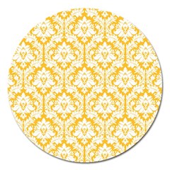 White On Sunny Yellow Damask Magnet 5  (round) by Zandiepants