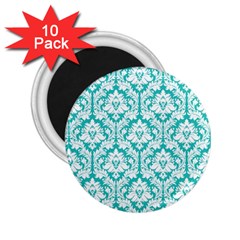 White On Turquoise Damask 2 25  Button Magnet (10 Pack) by Zandiepants