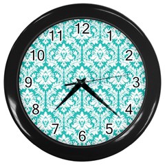 White On Turquoise Damask Wall Clock (black) by Zandiepants