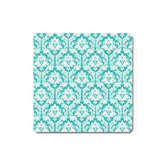 White On Turquoise Damask Magnet (square) by Zandiepants