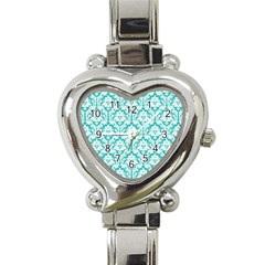 White On Turquoise Damask Heart Italian Charm Watch  by Zandiepants