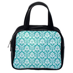 White On Turquoise Damask Classic Handbag (one Side) by Zandiepants