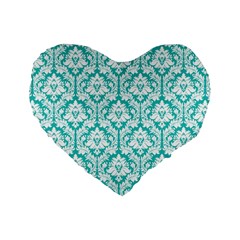 Turquoise Damask Pattern Standard 16  Premium Heart Shape Cushion  by Zandiepants