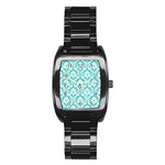 White On Turquoise Damask Stainless Steel Barrel Watch Front