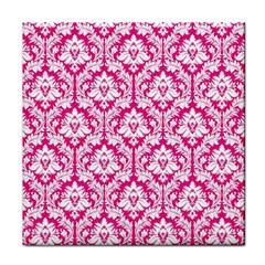 White On Hot Pink Damask Ceramic Tile by Zandiepants