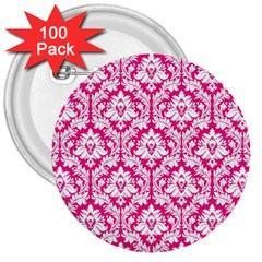 White On Hot Pink Damask 3  Button (100 Pack) by Zandiepants