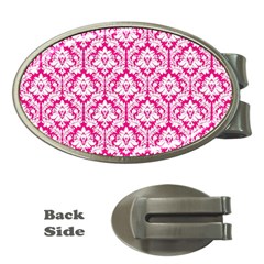 White On Hot Pink Damask Money Clip (oval) by Zandiepants