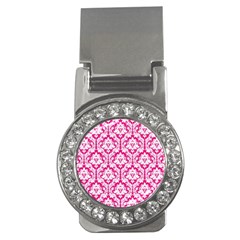 White On Hot Pink Damask Money Clip (cz) by Zandiepants