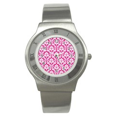 White On Hot Pink Damask Stainless Steel Watch (slim) by Zandiepants