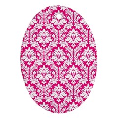 White On Hot Pink Damask Oval Ornament (two Sides) by Zandiepants