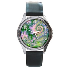 Rose Apple Green Dreams, Abstract Water Garden Round Leather Watch (Silver Rim)