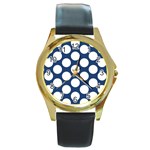 Dark Blue Polkadot Round Leather Watch (Gold Rim)  Front