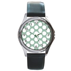 Jade Green Polkadot Round Leather Watch (Silver Rim)