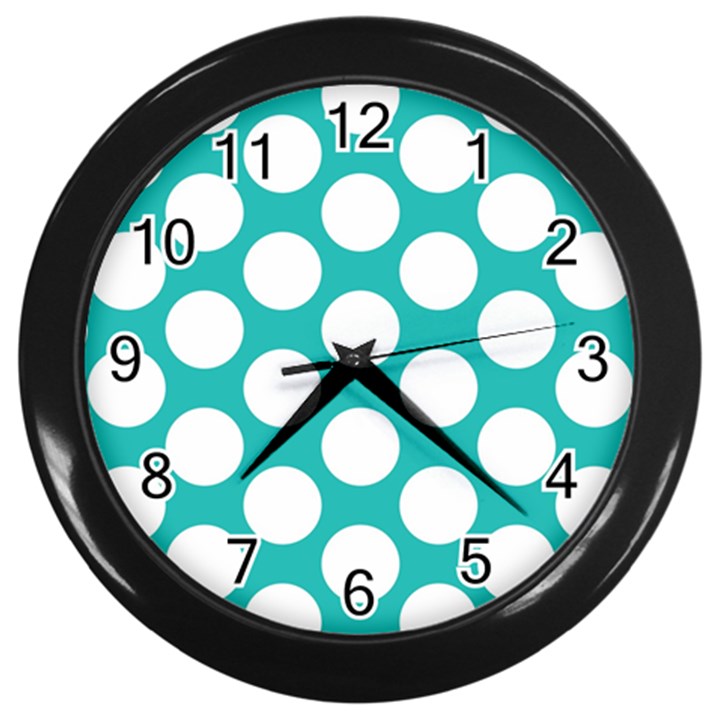 Turquoise Polkadot Pattern Wall Clock (Black)