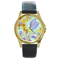 Golden Violet Sea Shells, Abstract Ocean Round Leather Watch (gold Rim)  by DianeClancy