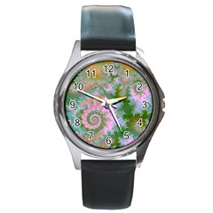 Rose Forest Green, Abstract Swirl Dance Round Leather Watch (silver Rim) by DianeClancy