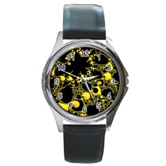 Special Fractal 04 Yellow Round Leather Watch (silver Rim) by ImpressiveMoments