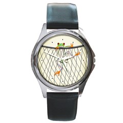 Peace Froggy Hanging On Backpack1 Round Leather Watch (silver Rim) by CaterinaBassano