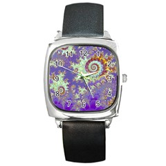 Sea Shell Spiral, Abstract Violet Cyan Stars Square Leather Watch by DianeClancy