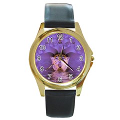 Artsy Purple Awareness Butterfly Round Leather Watch (gold Rim) 