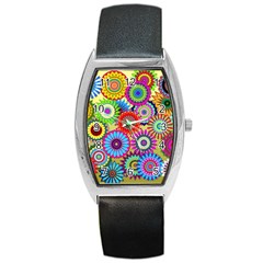 Psychedelic Flowers Tonneau Leather Watch