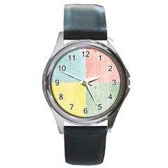 Pastel Textured Squares Round Leather Watch (silver Rim) by StuffOrSomething