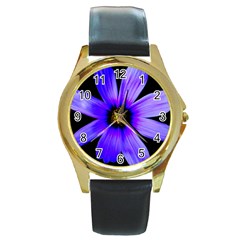 Purple Bloom Round Leather Watch (gold Rim) 