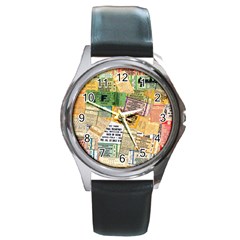 Retro Concert Tickets Round Leather Watch (silver Rim) by StuffOrSomething