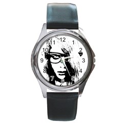 Hipster Zombie Girl Round Leather Watch (silver Rim)