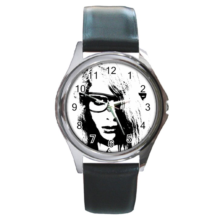 Hipster Zombie Girl Round Leather Watch (Silver Rim)