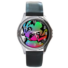 Dog Round Leather Watch (silver Rim)