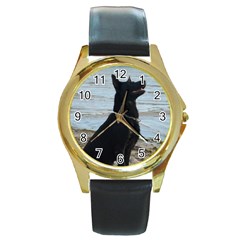 Black German Shepherd Round Leather Watch (gold Rim)  by StuffOrSomething