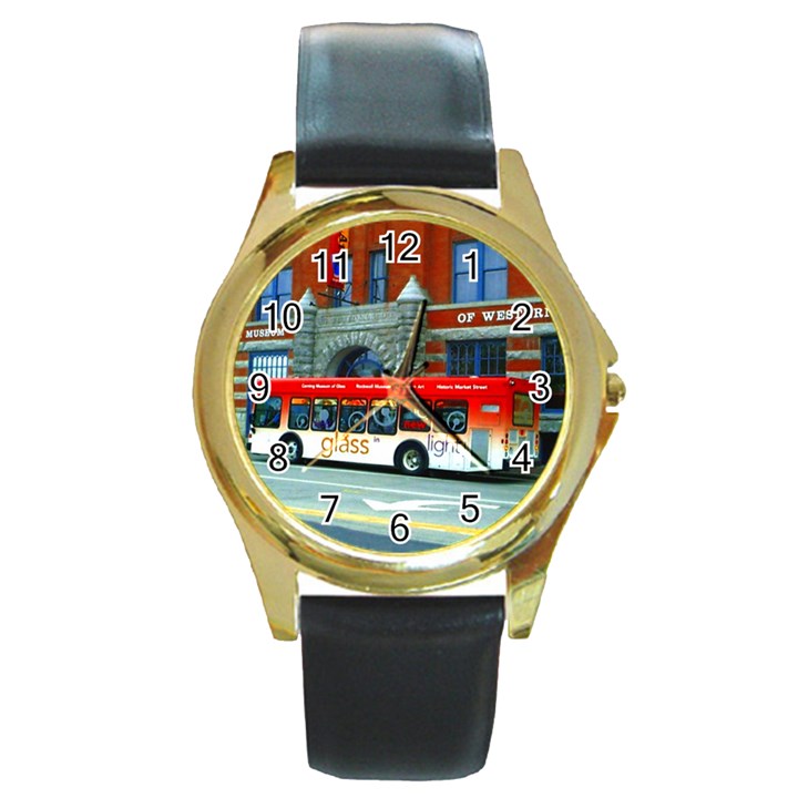Double Decker Bus   Ave Hurley   Round Leather Watch (Gold Rim) 