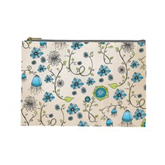 Whimsical Flowers Blue Cosmetic Bag (large)