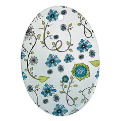 Blue Whimsical Flowers  On Blue Oval Ornament by Zandiepants