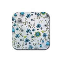 Blue Whimsical Flowers  On Blue Drink Coaster (square) by Zandiepants