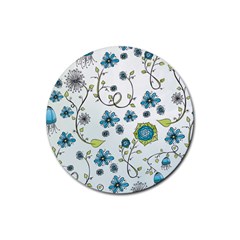 Blue Whimsical Flowers  On Blue Drink Coaster (round) by Zandiepants