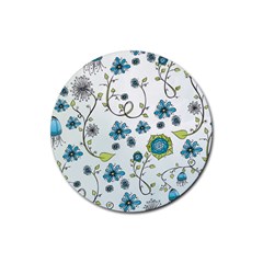 Blue Whimsical Flowers  On Blue Drink Coaster (round)