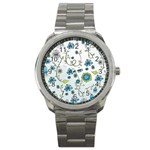 Blue Whimsical Flowers  on blue Sport Metal Watch Front