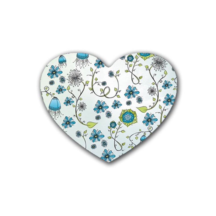 Blue Whimsical Flowers  on blue Drink Coasters (Heart)