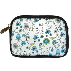 Blue Whimsical Flowers  On Blue Digital Camera Leather Case by Zandiepants