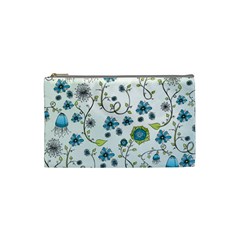Blue Whimsical Flowers  On Blue Cosmetic Bag (small) by Zandiepants
