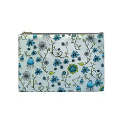 Blue Whimsical Flowers  On Blue Cosmetic Bag (medium) by Zandiepants