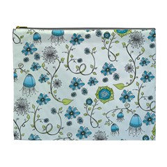 Blue Whimsical Flowers  On Blue Cosmetic Bag (xl) by Zandiepants