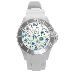 Blue Whimsical Flowers  On Blue Plastic Sport Watch (large) by Zandiepants