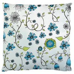 Blue Whimsical Flowers  On Blue Large Cushion Case (single Sided)  by Zandiepants